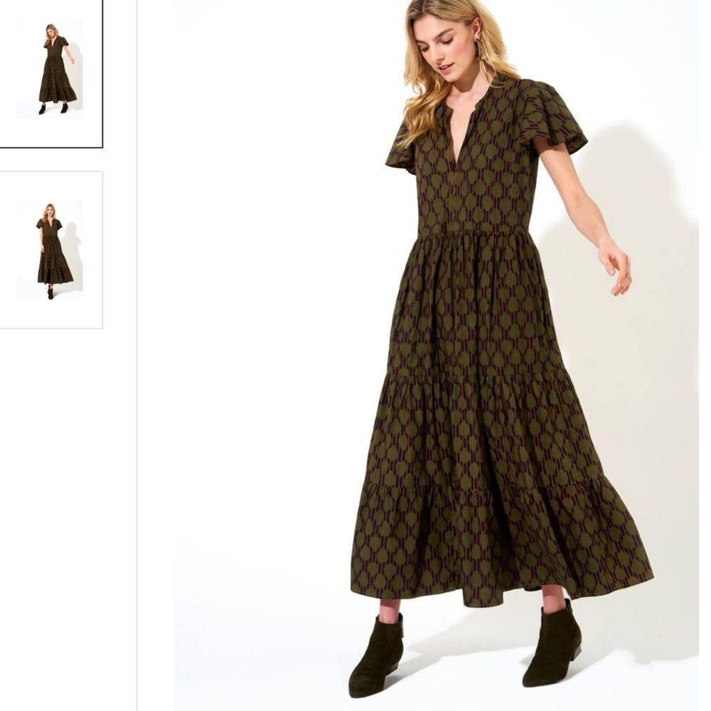 Tuckernuck Oliphant V-Neck Maxi Dress 100% Cotton Tiered Earthy Polka Dot XS